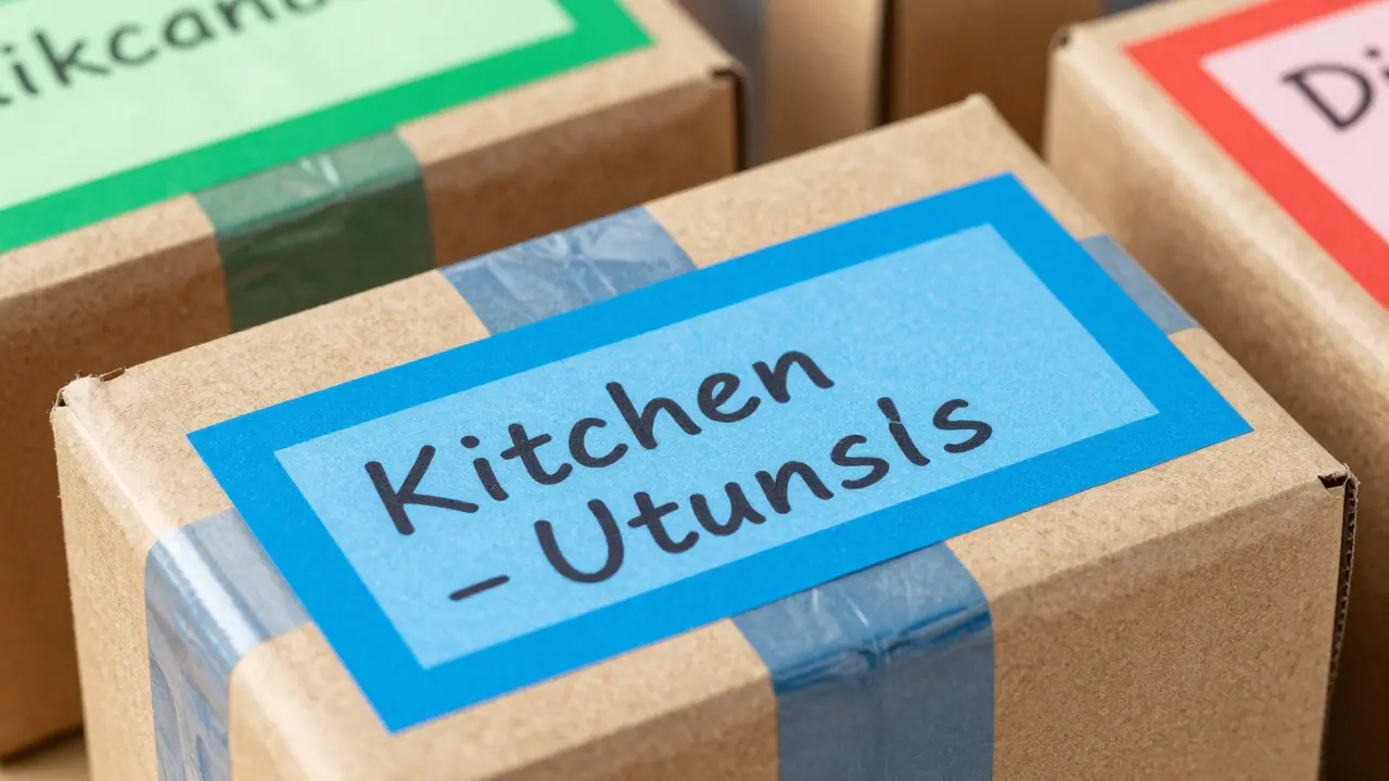Caja de cartón sellada con etiqueta de código de colores azul para la cocina