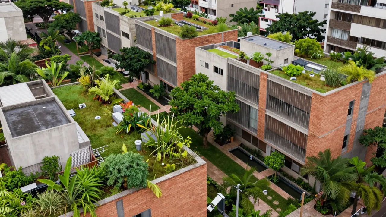 Complejo residencial sostenible con techos verdes y patios para captación de agua pluvial