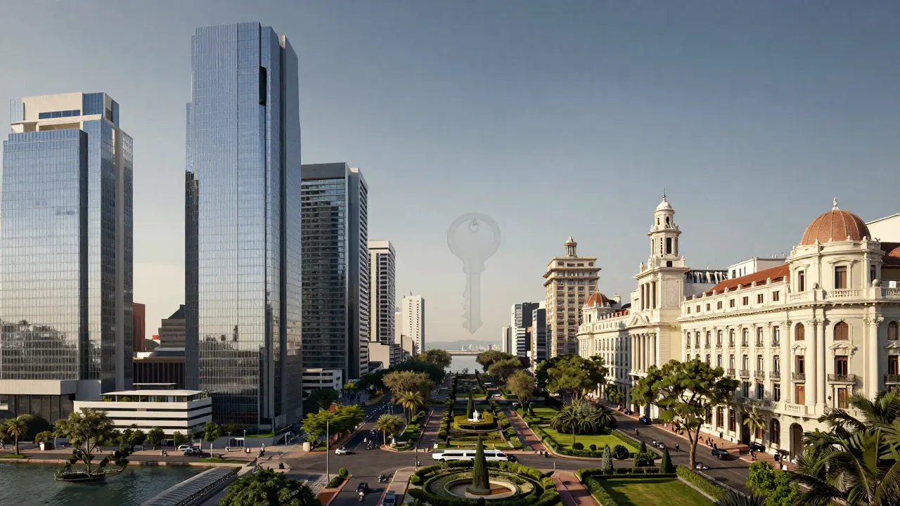 Composición artística comparando arquitectura moderna e histórica en Buenos Aires