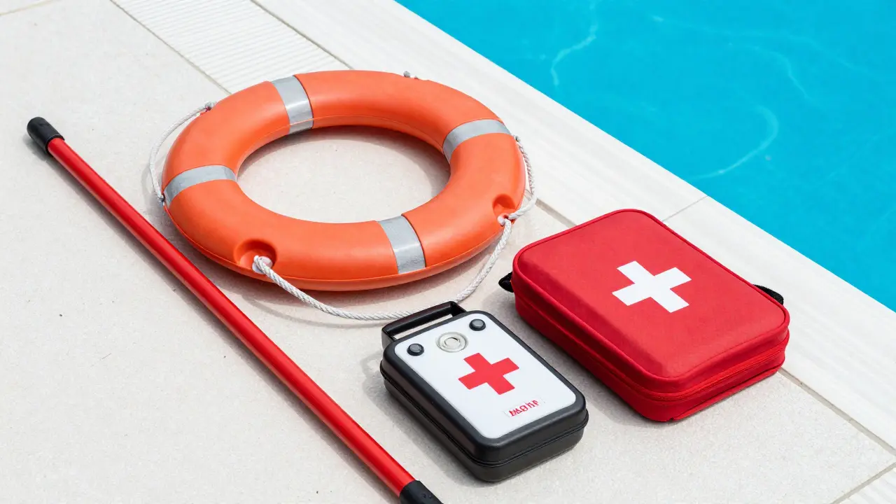 Equipo de seguridad y rescate junto a una piscina residencial limpia