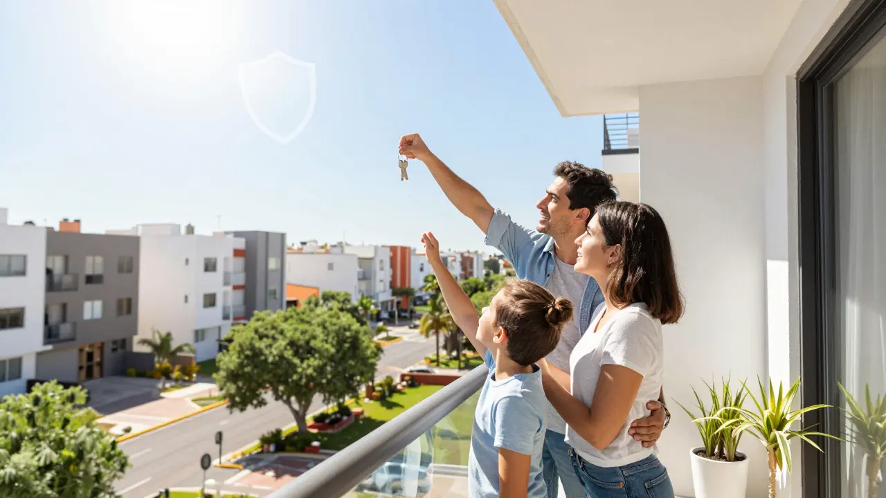 Familia feliz en su nuevo apartamento simbolizando estabilidad financiera
