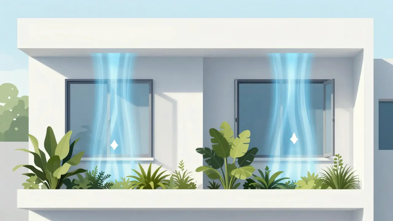 Flujo de aire cruzado en casa moderna para ventilación natural