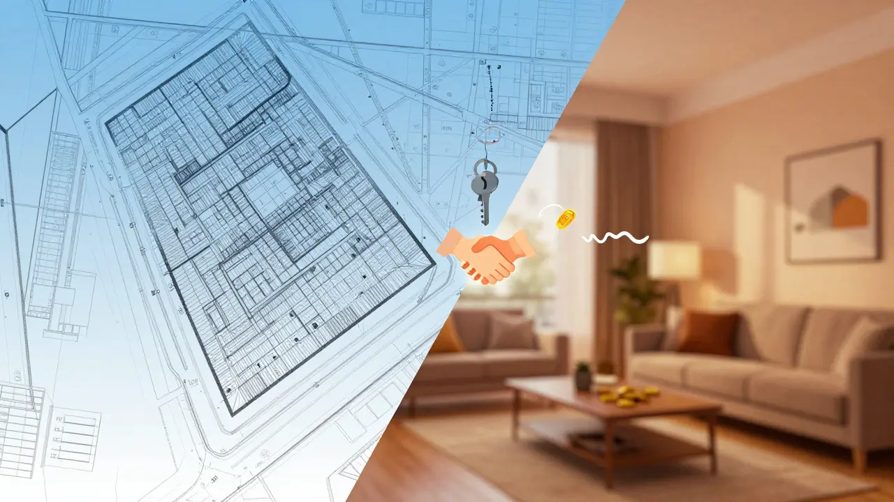 Ilustración conceptual comparando planos técnicos y confort hogareño