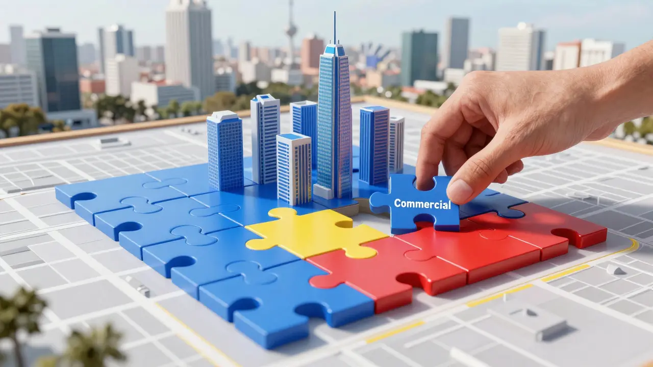 Ilustración conceptual de la zonificación urbana como un rompecabezas de ciudad
