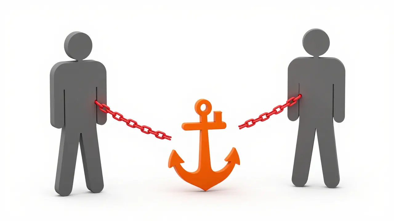 Ilustración conceptual de tres personas unidas por cadenas en garantía solidaria