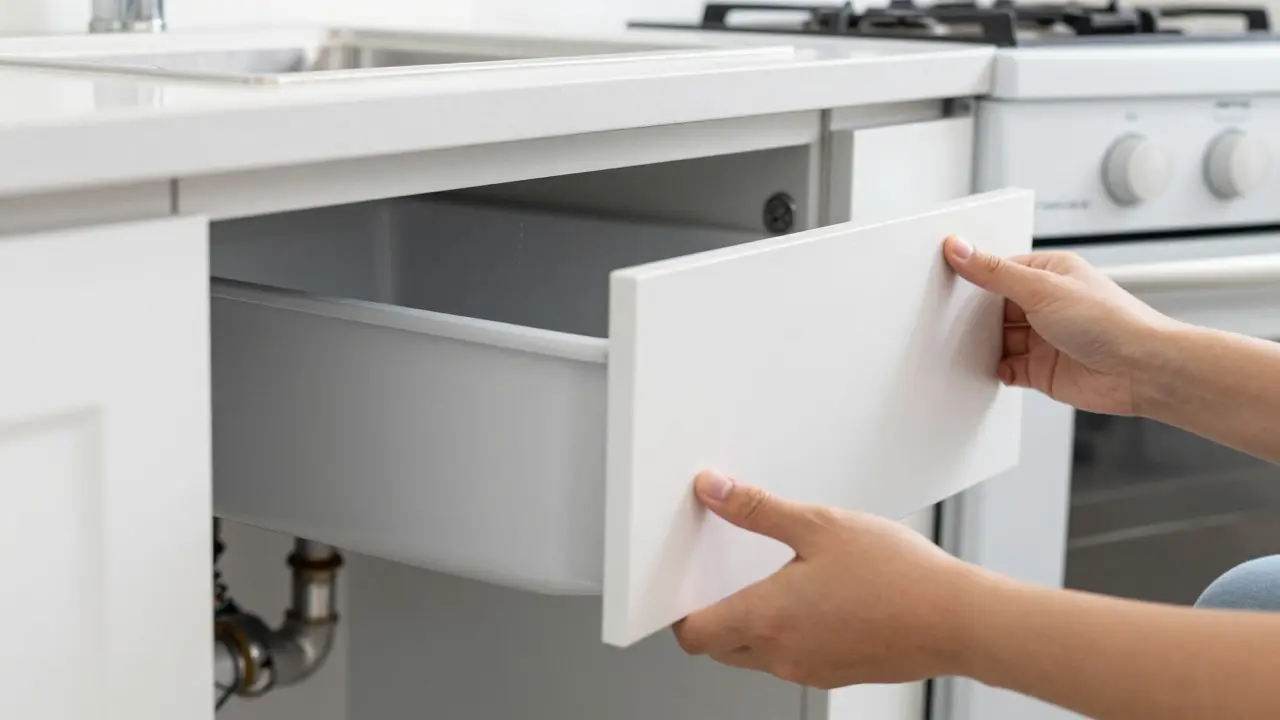 Inspección de tuberías y armarios en una cocina