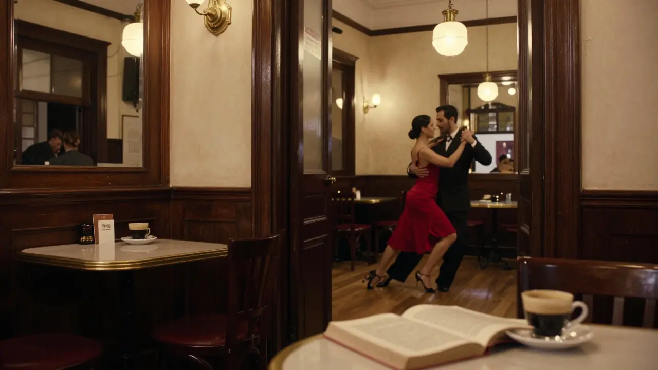 Interior histórico de una confitería con pareja bailando tango en el fondo