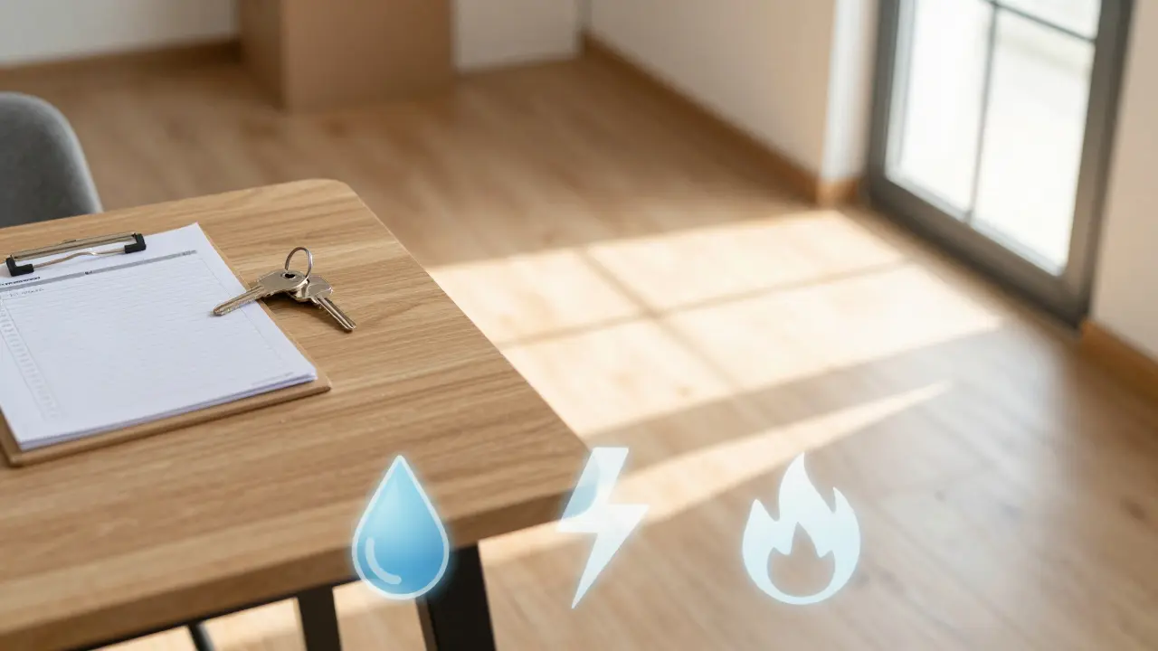 Llaves y lista de verificación sobre una mesa en un nuevo apartamento soleado