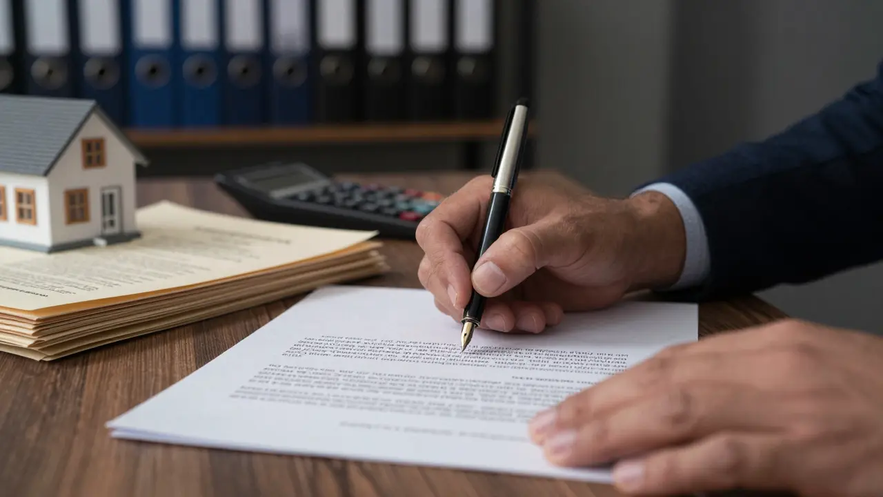 Mano firmando documentos oficiales de tasación inmobiliaria con precisión