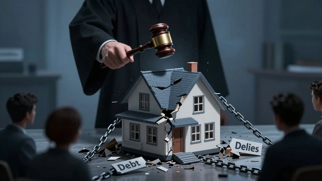 Metáfora visual de remate judicial con martillo y casa bajo presión