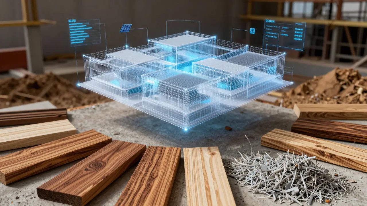 Modelo 3D digital superpuesto sobre materiales locales como madera nativa y concreto reciclado