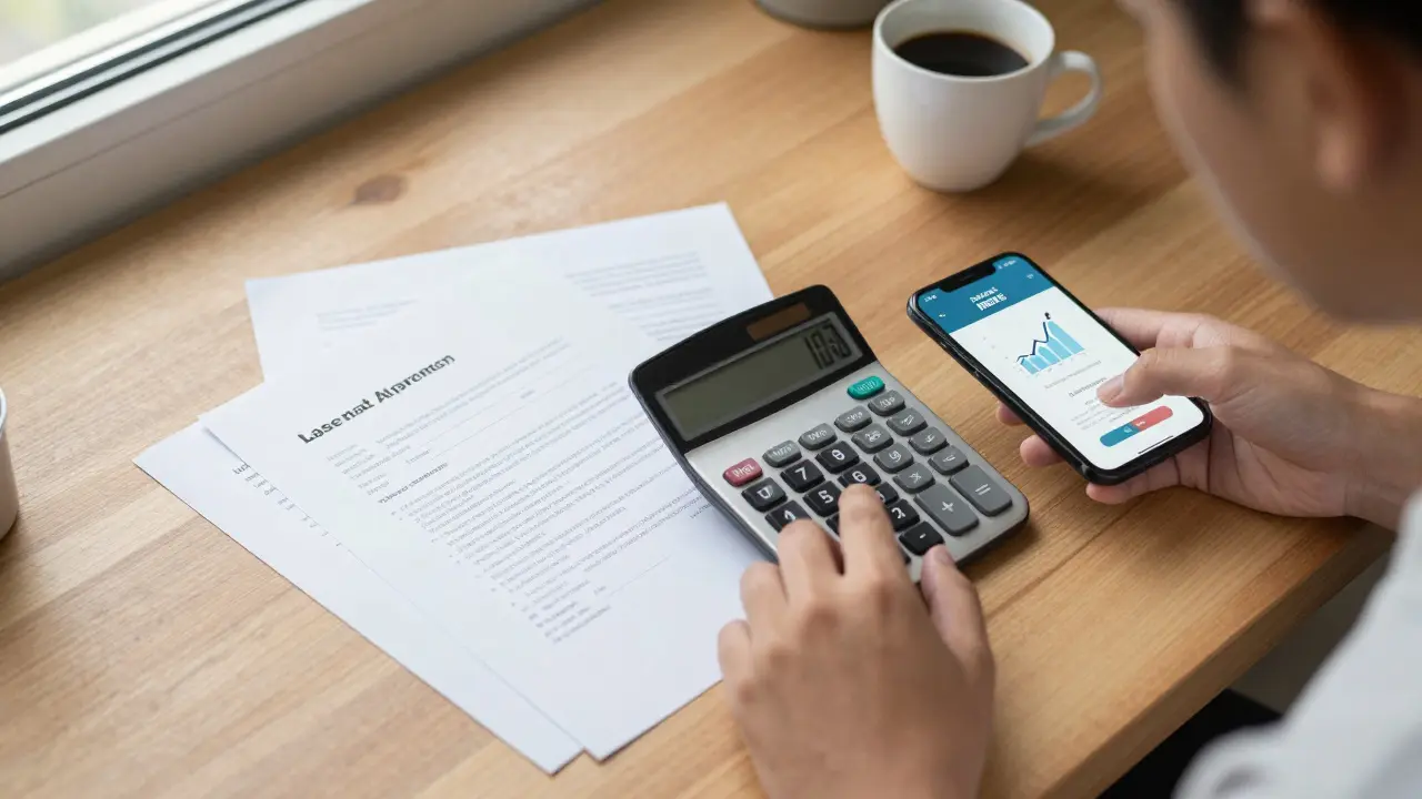 Persona calculando ajustes de deuda con una calculadora y contrato de alquiler sobre escritorio