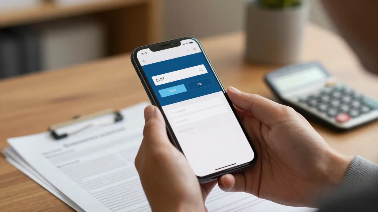 Persona verificando el CUIT del vendedor en su teléfono móvil