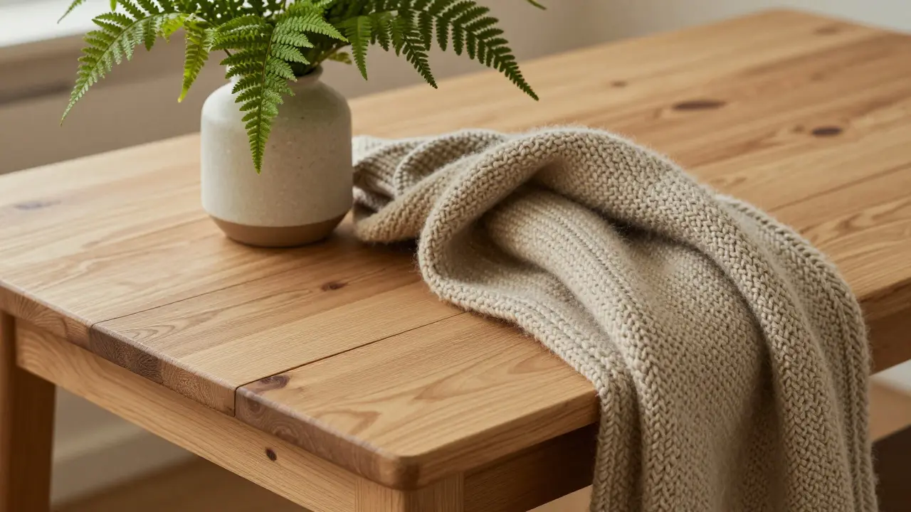 Primer plano de mesa de madera, manta de lana y plantas verdes estilo escandinavo