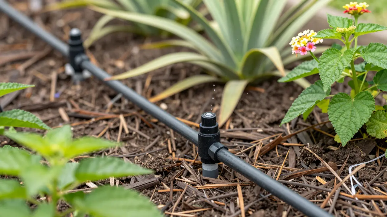 Primer plano de sistema de riego por goteo eficiente regando plantas resistentes y cobertura vegetal