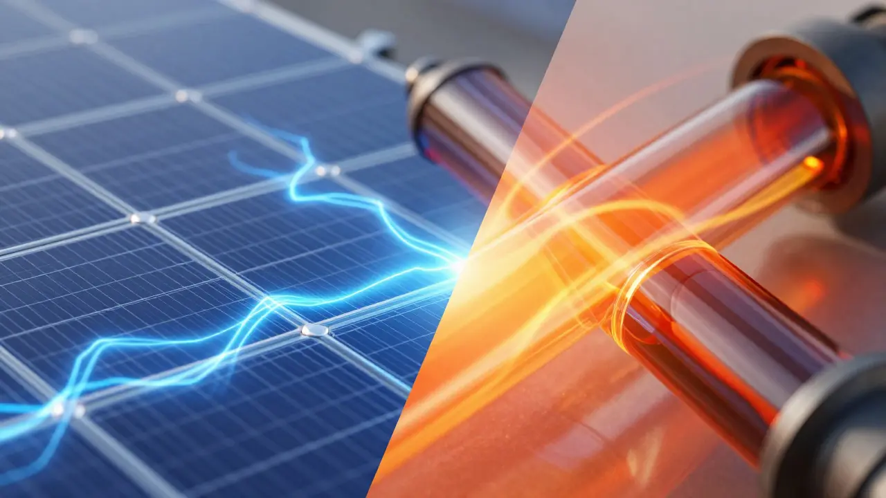 Representación visual comparando la generación eléctrica fotovoltaica con el calentamiento térmico solar
