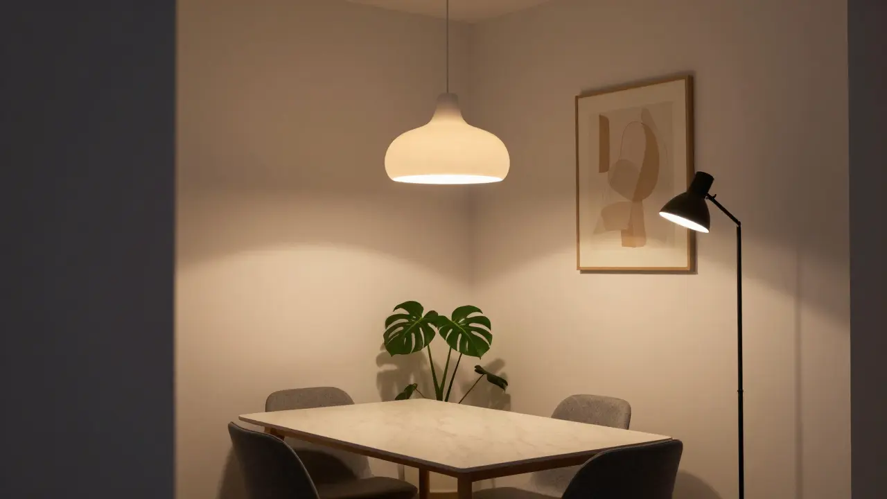 Rincón acogedor con iluminación cálida en capas y decoración minimalista