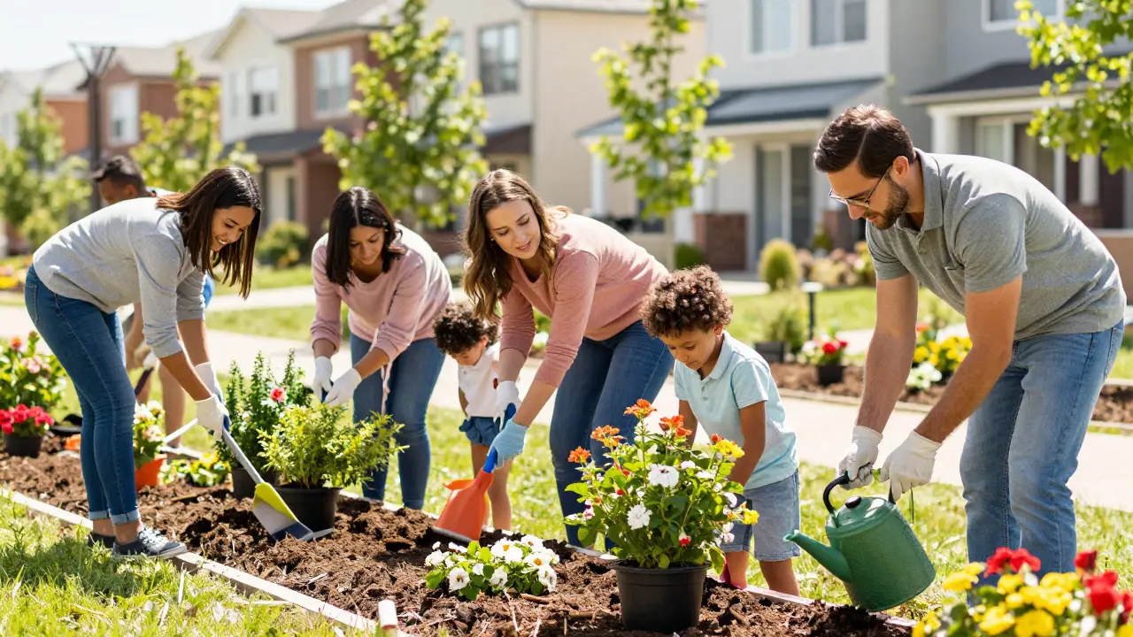 Vecinos participando juntos en una jornada de limpieza y plantación en el espacio verde comunitario