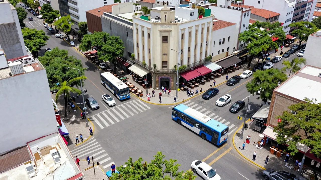 Vista aérea de la avenida Cabildo con tráfico y comercios activos