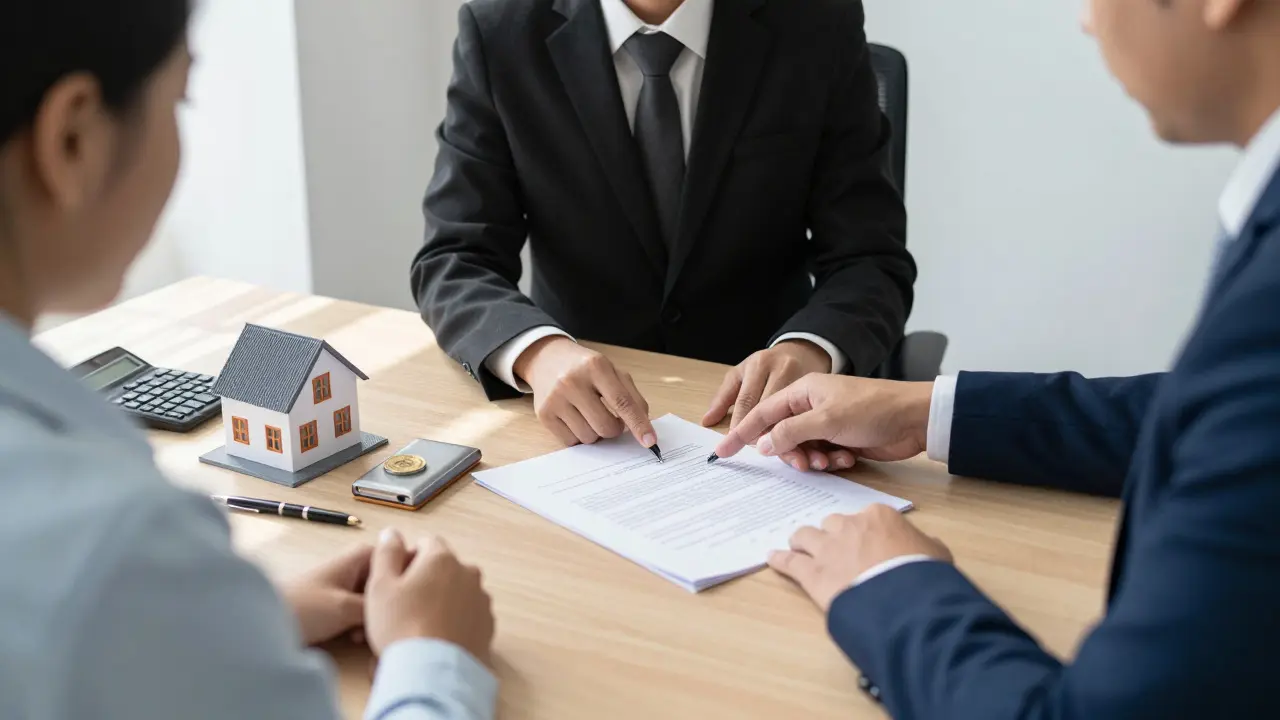 Abogado asesorando a compradores y vendedores en oficina sobre contrato inmobiliario
