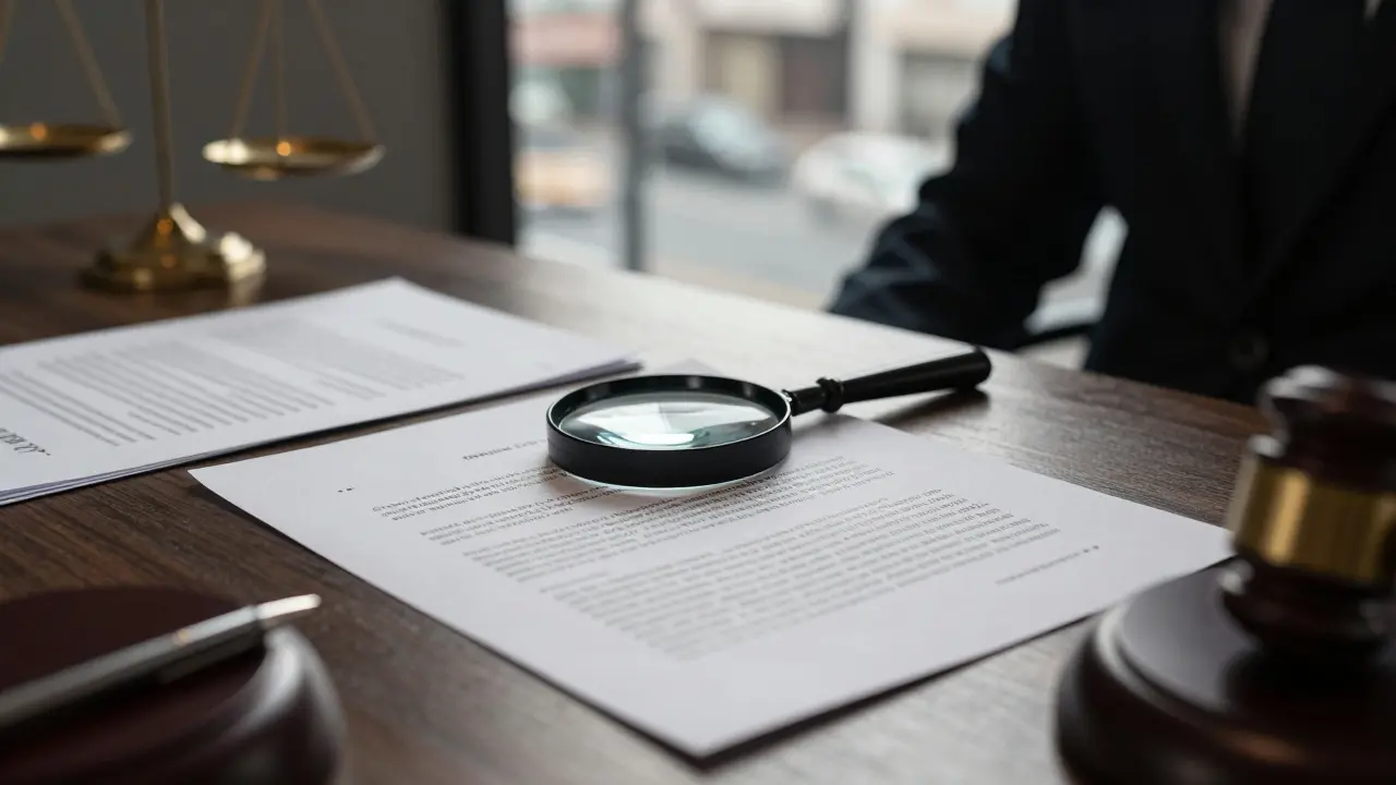 Abogado revisando contrato inmobiliario sobre escritorio