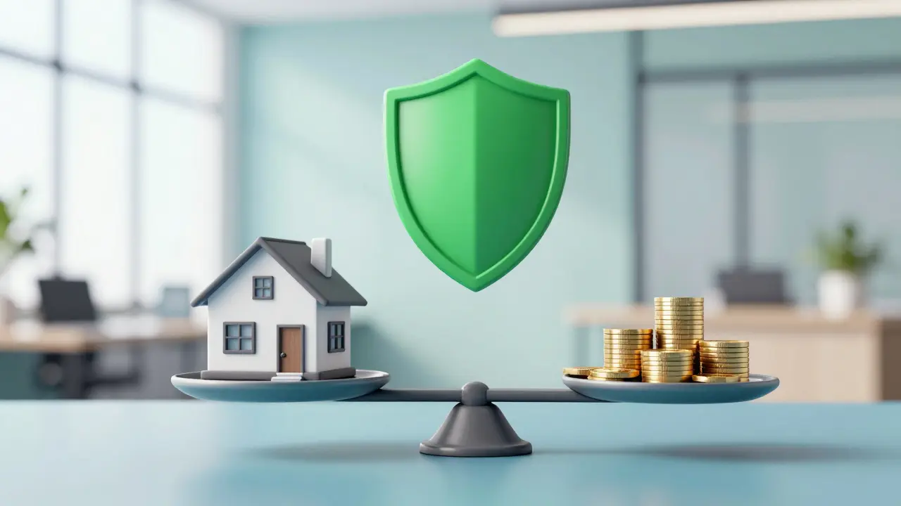 Balanza conceptual con casa protegida y monedas de ahorro para estabilidad financiera