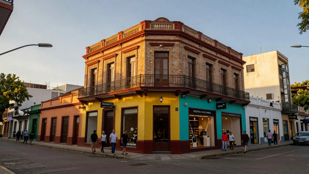 Calle revitalizada en el centro histórico de Rosario al atardecer con edificios renovados