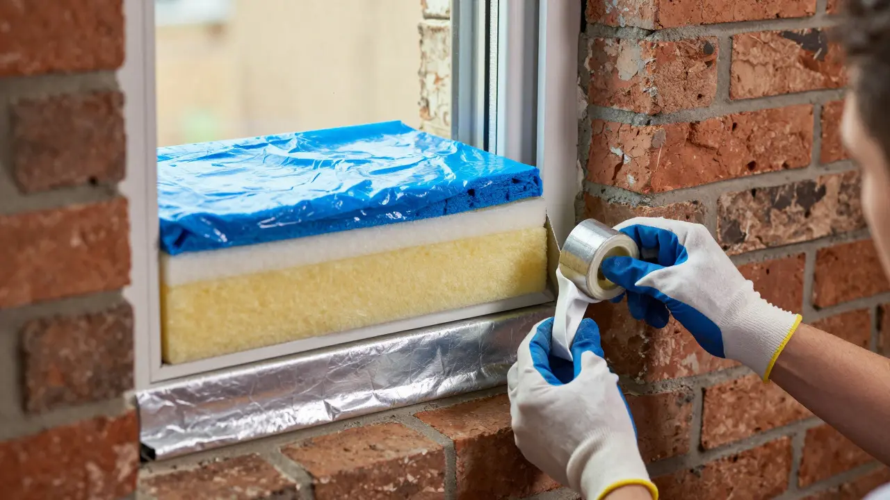 Capas de sellado profesional durante instalación de ventanas eficientes