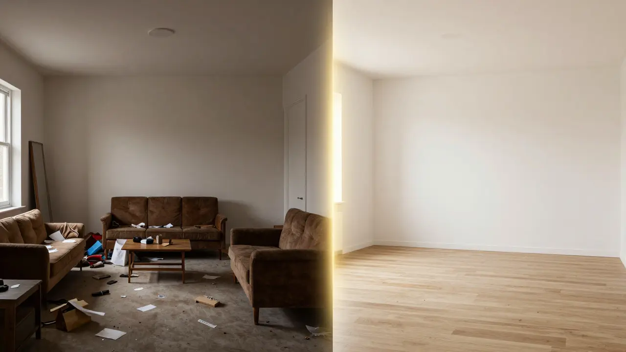 Comparación visual entre una habitación desordenada y otra preparada para la venta.