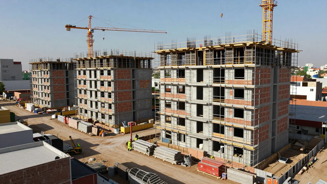Complejo residencial en construcción con andamios y grúas