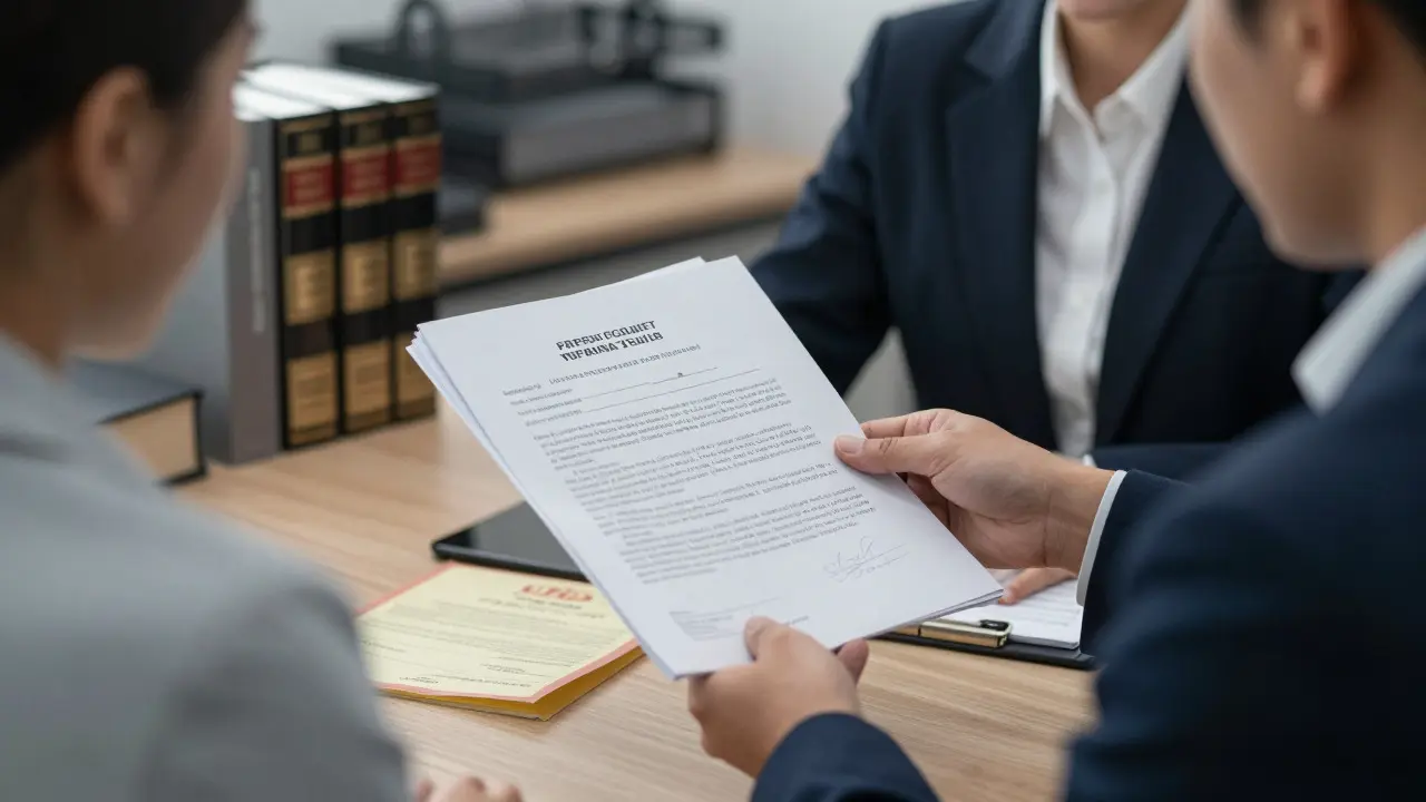 Comprador verificando documentos legales y títulos de propiedad