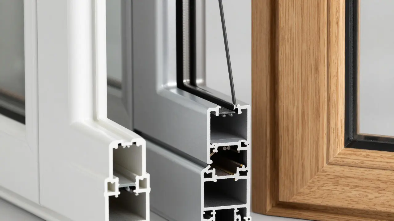 Detalle de perfiles de PVC, aluminio con rotura térmica y madera