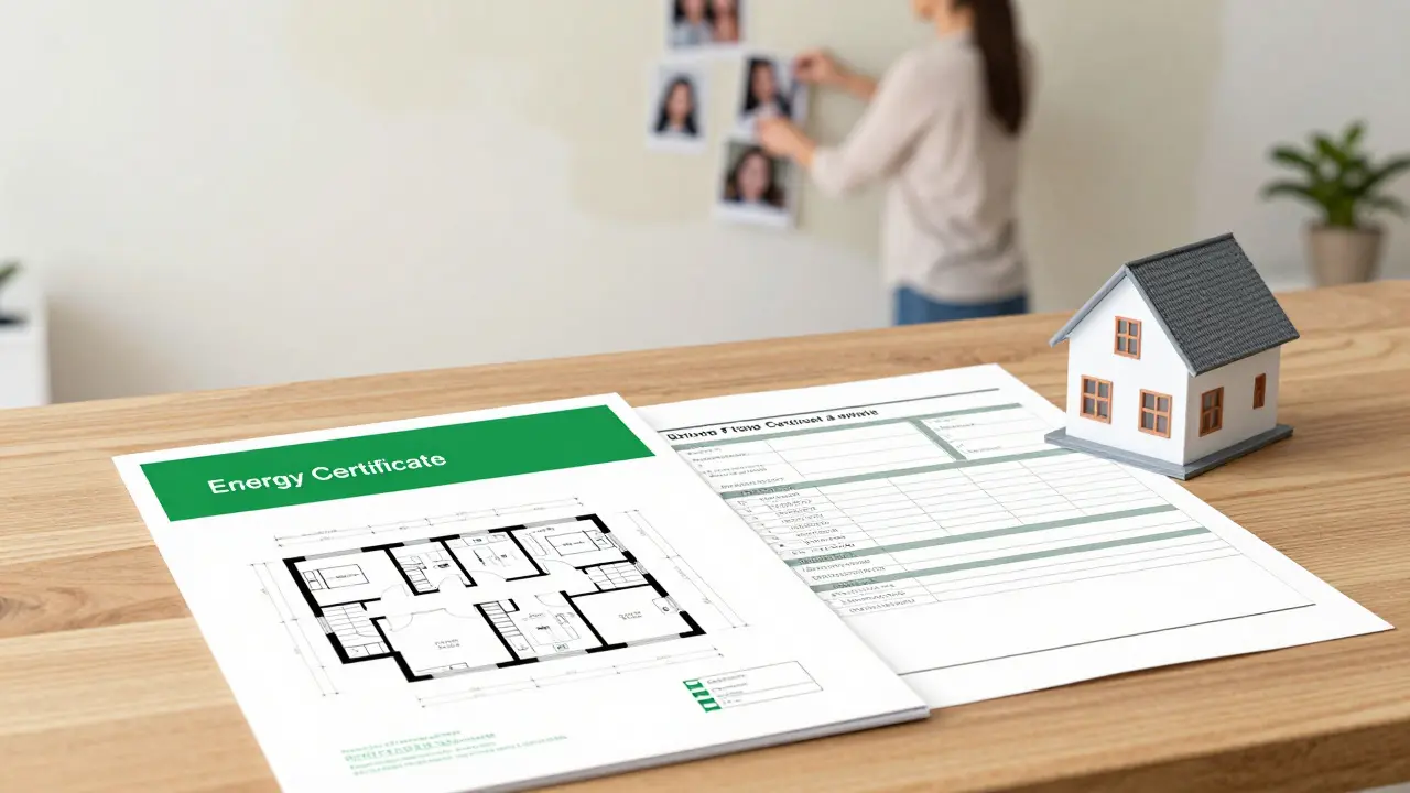 Documentos legales y certificación energética sobre una mesa