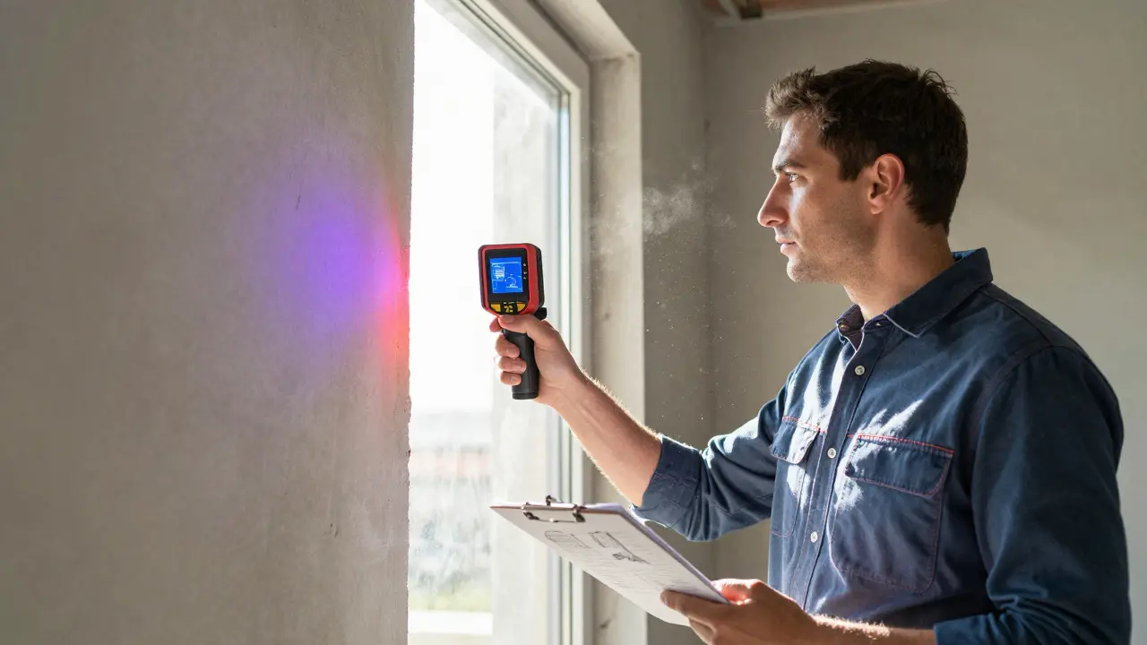 Engineer using thermal camera to find hidden moisture during home inspection