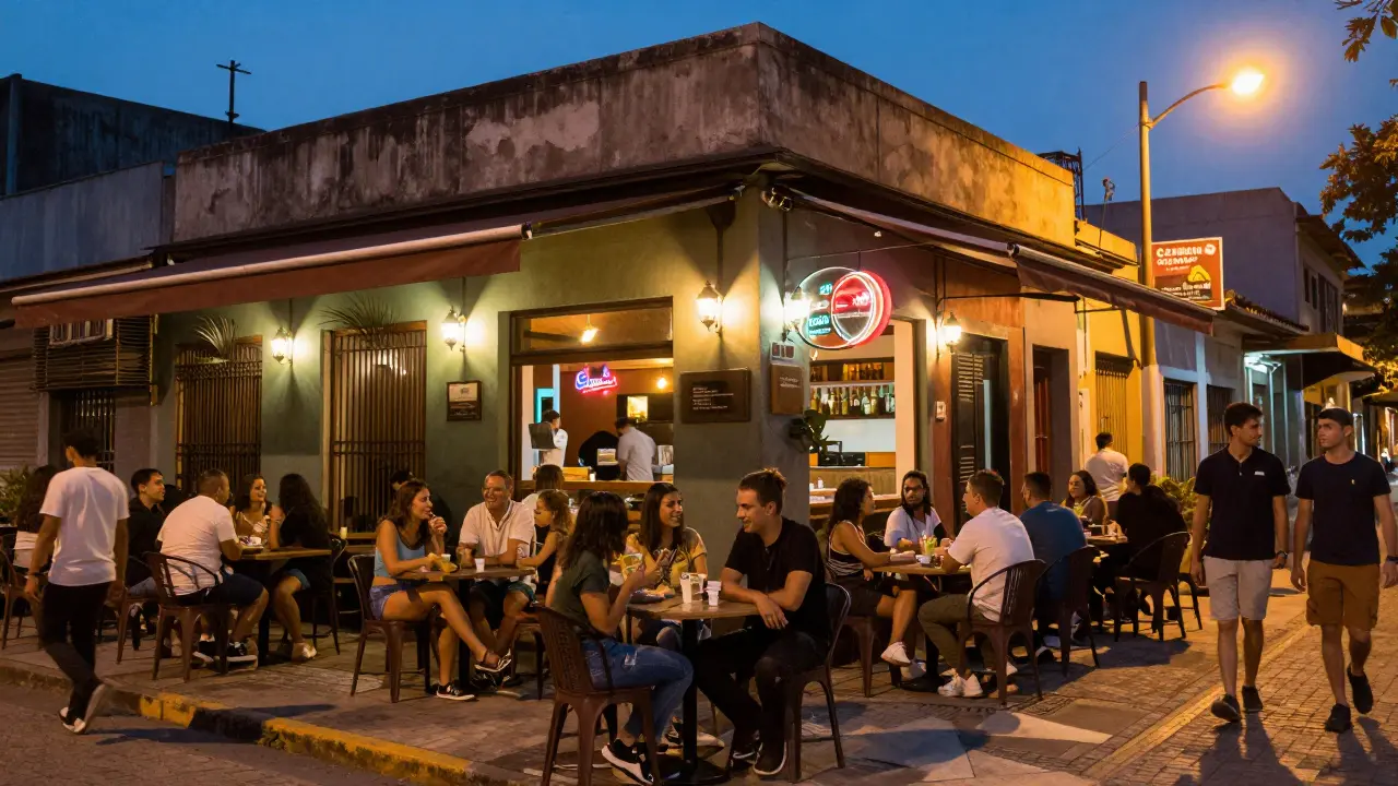 Escena nocturna vibrante en Entre Ríos con gente en terrazas de bares y restaurantes