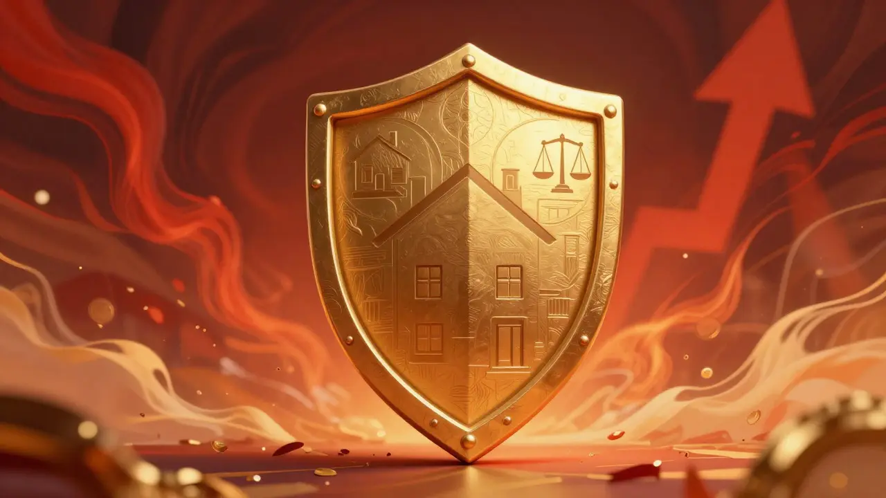 Escudo dorado protegiendo una casa contra la inflación abstracta