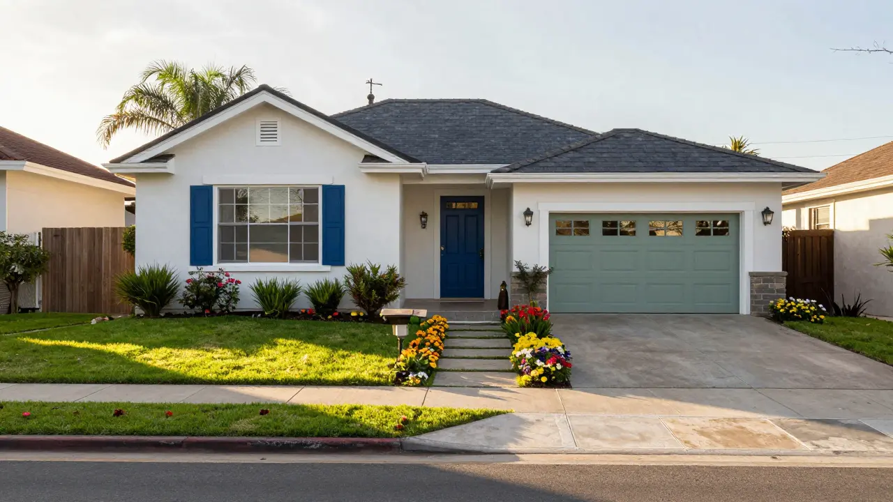Fachada de casa con jardín cuidado y puerta recién pintada