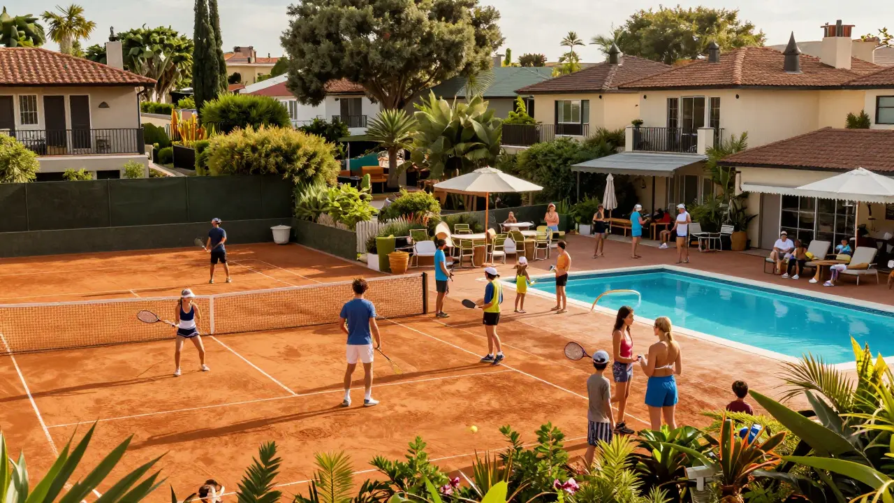 Familias disfrutando del club social y piscina en un barrio privado