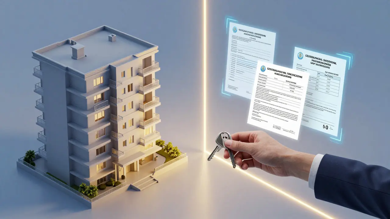 Ilustración conceptual de llaves y documentos fiscales inmobiliarios