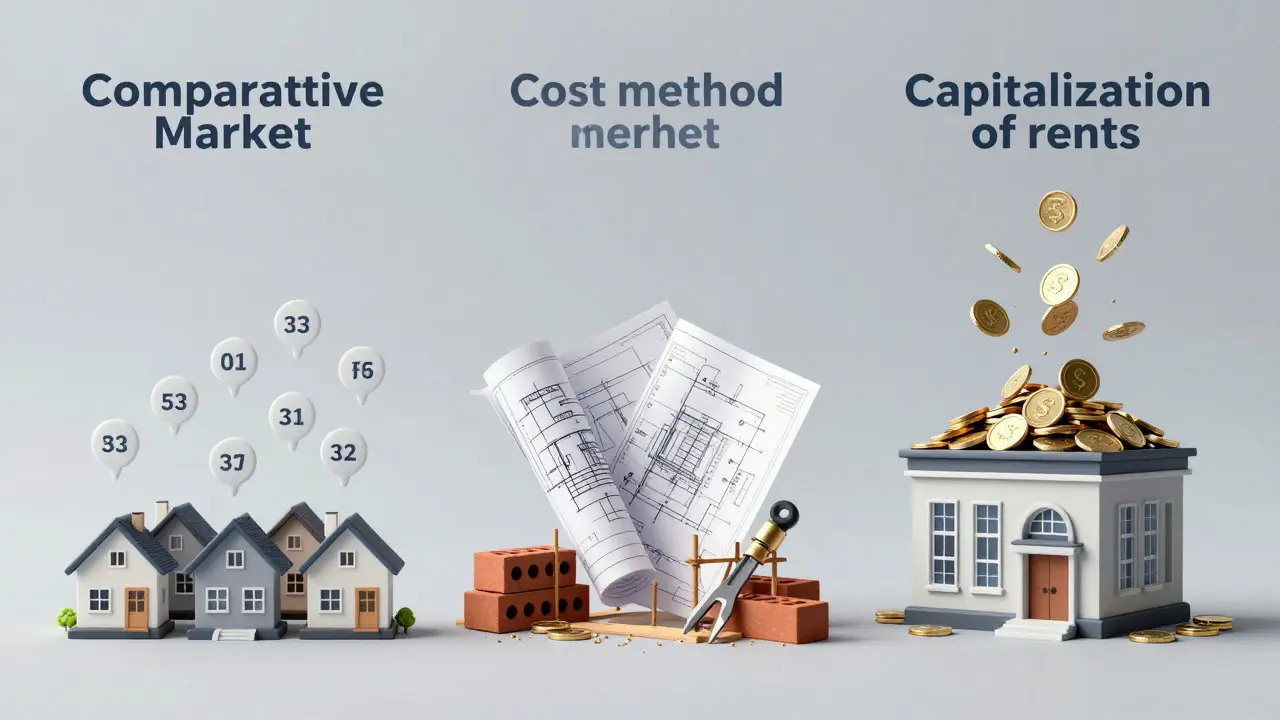 Ilustración conceptual de los tres métodos de tasación inmobiliaria