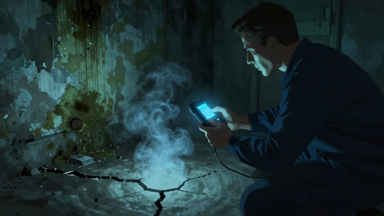 Inspector detecting radon gas and mold in a damp, dark basement area