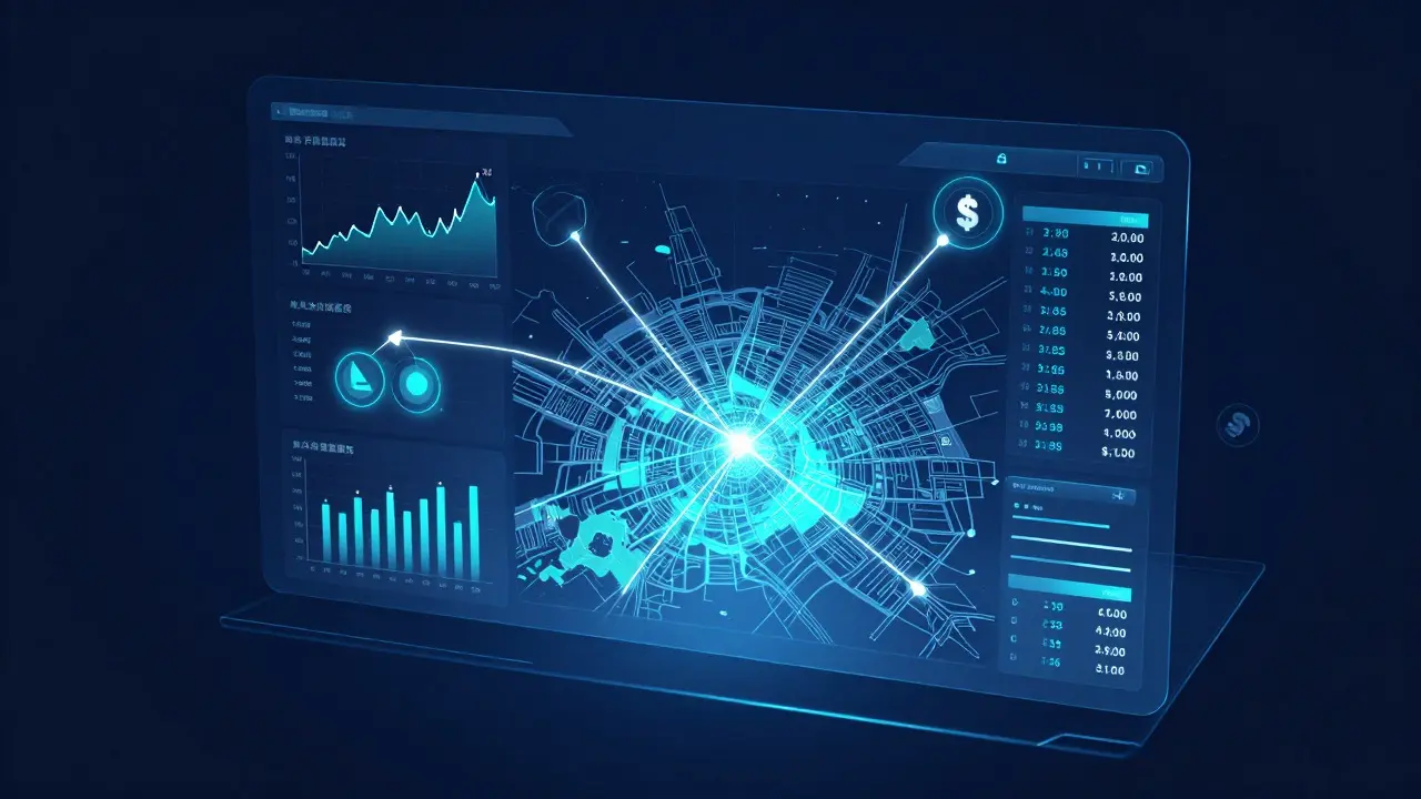Interfaz digital futurista con gráficos de precios y mapas de calor inmobiliarios