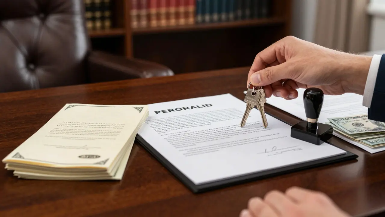 Llaves de casa sobre documentos legales y dólares en escritorio de escribano