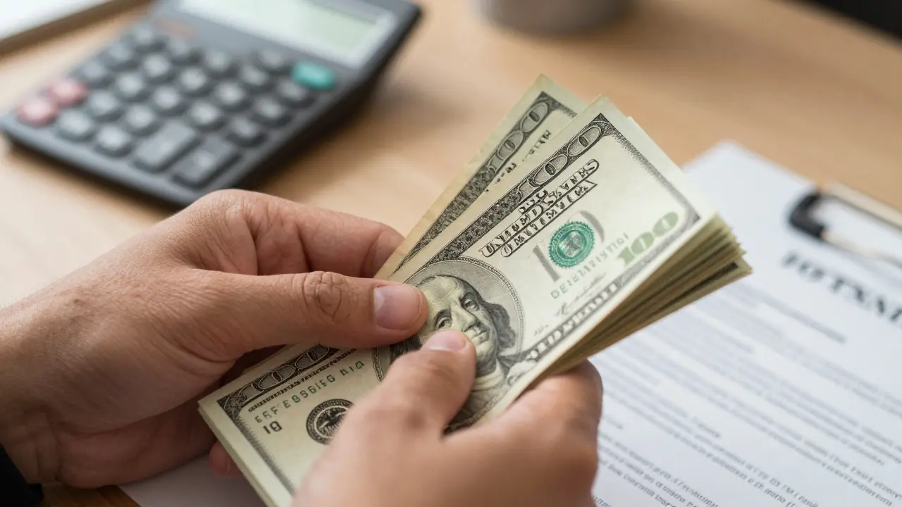 Manos intercambiando pesos argentinos por dólares estadounidenses sobre escritorio