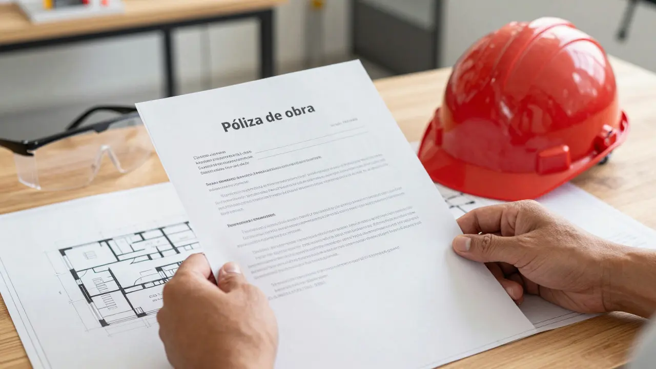 Manos sosteniendo póliza de seguro junto a planos arquitectónicos