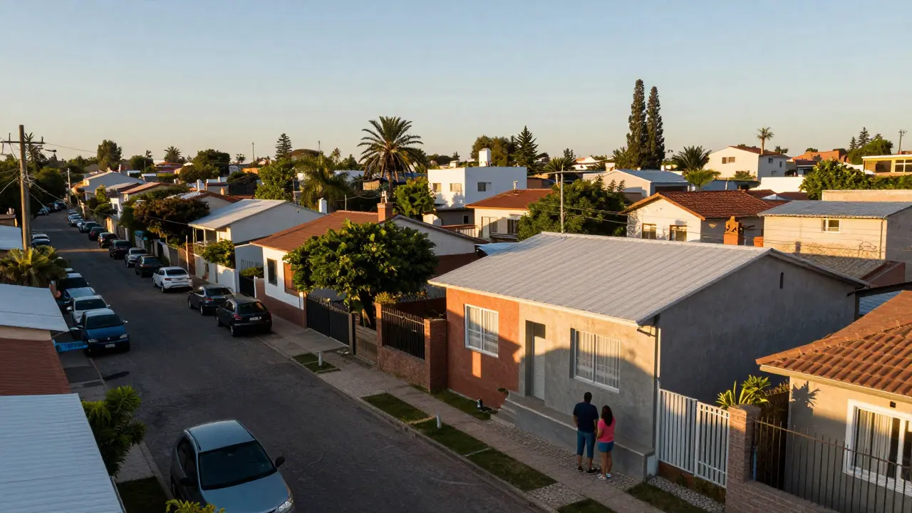 Pareja evaluando el entorno y la calle del vecindario residencial