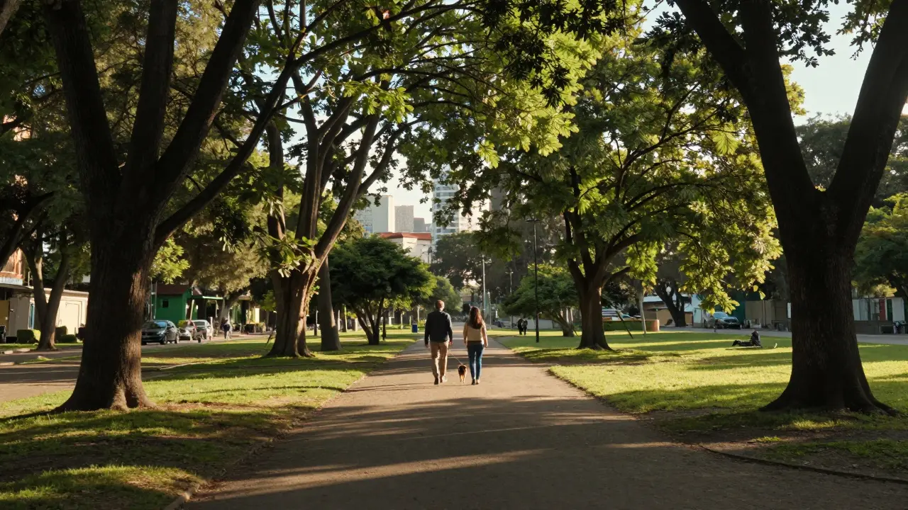 Pareja paseando su perro en el Parque Sarmiento con árboles y luz suave