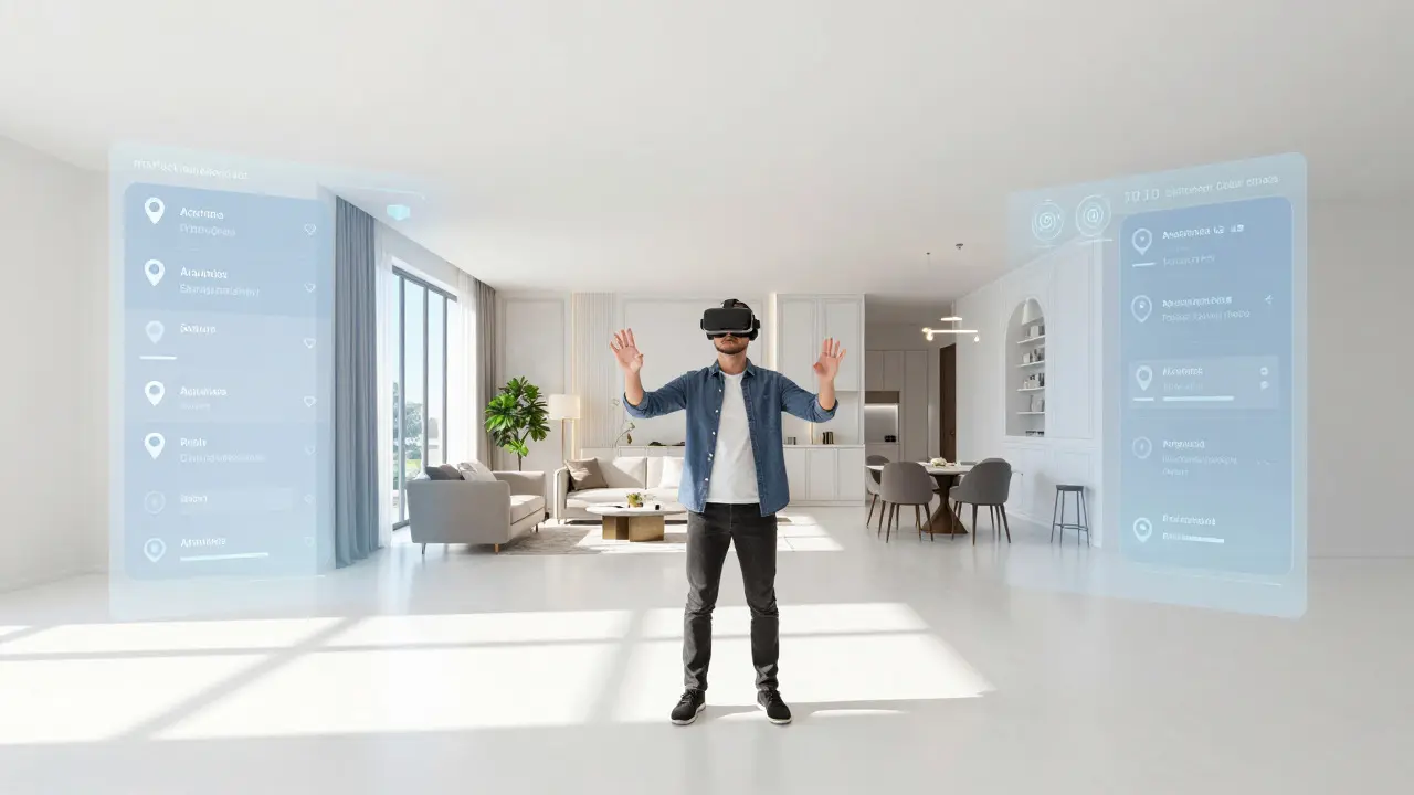 Persona con gafas VR viendo un tour virtual de apartamento con datos de ubicación