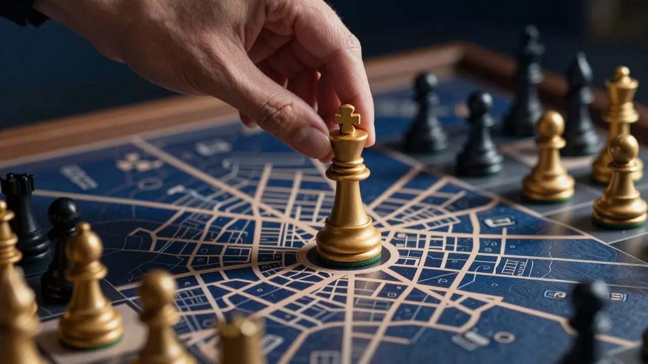 Pieza de ajedrez sobre mapa urbano simbolizando estrategia