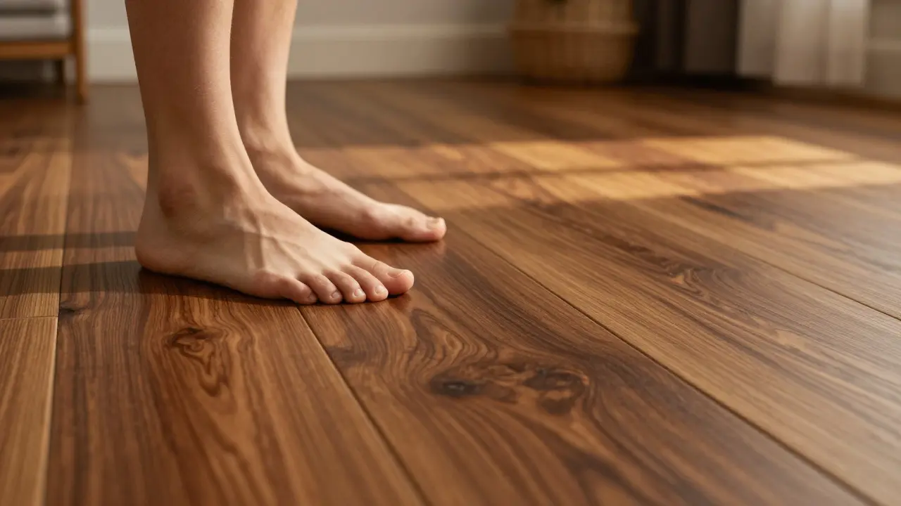 Piso de madera nativa quebracho con pies descalzos